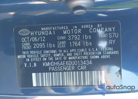 2013 Hyundai Elantra Gs z USA, uszkodzony, nr VIN KMHDH6AE6DU013434